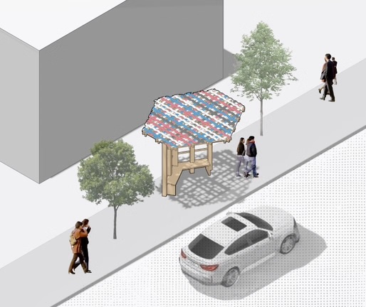 A photo of a concept for a hexagonal-roofed shade structure